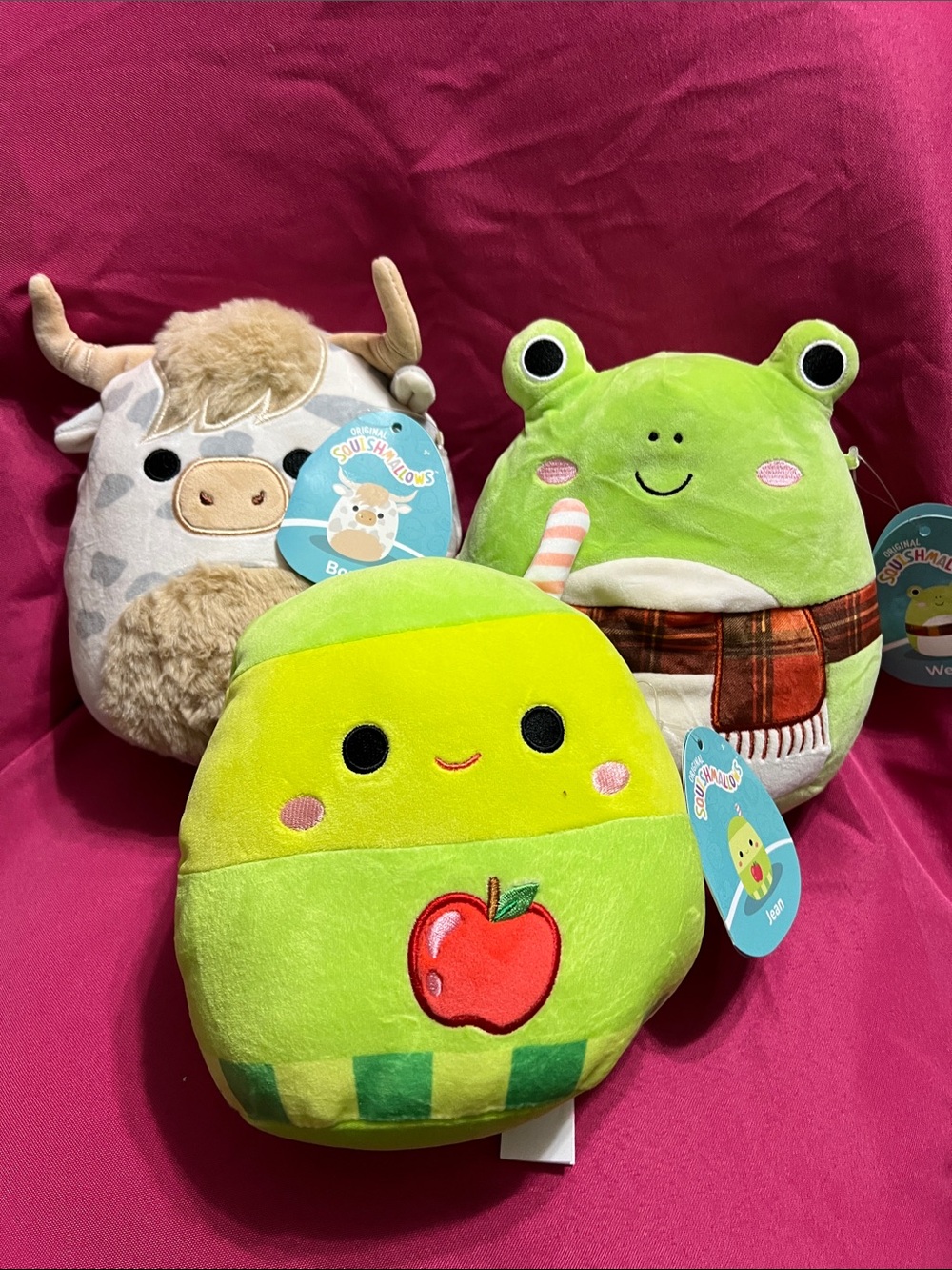 Squishmallows Green Apple, Frog & Cow Plush Set of 3, Jean ,Wendy, Borsa, 7.5 in